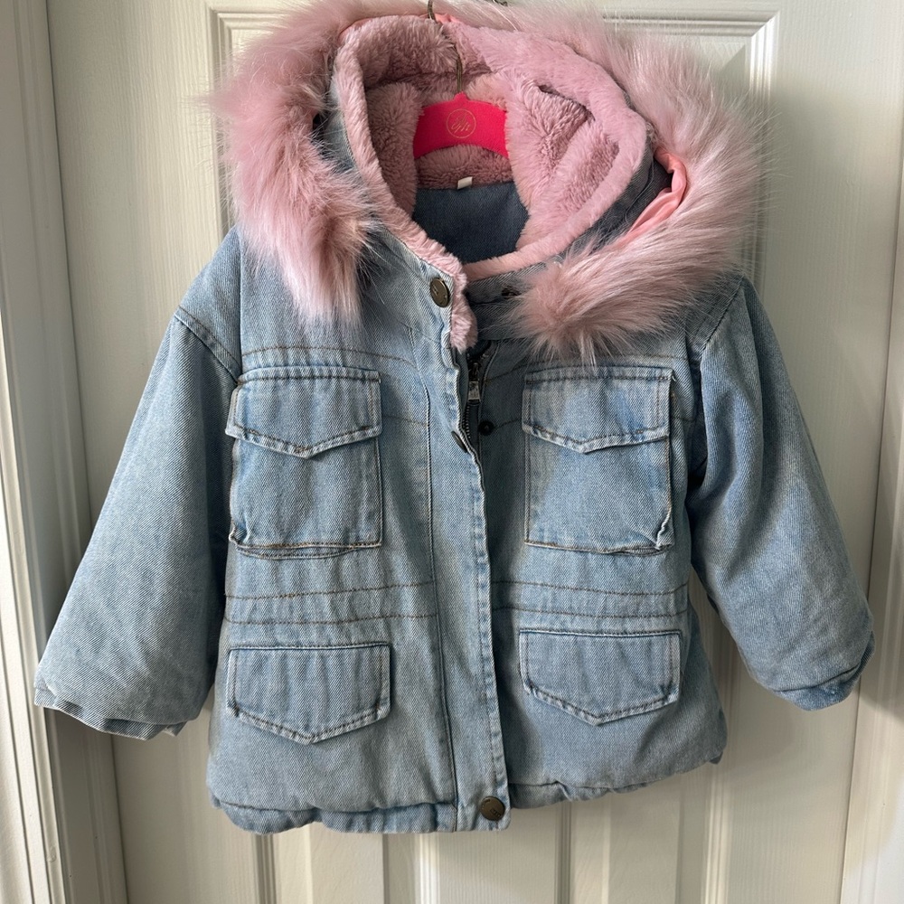 Kids Denim Jacket with Pink Fur Lining